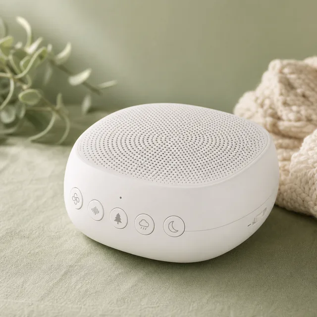 White noise machine on a nightstand